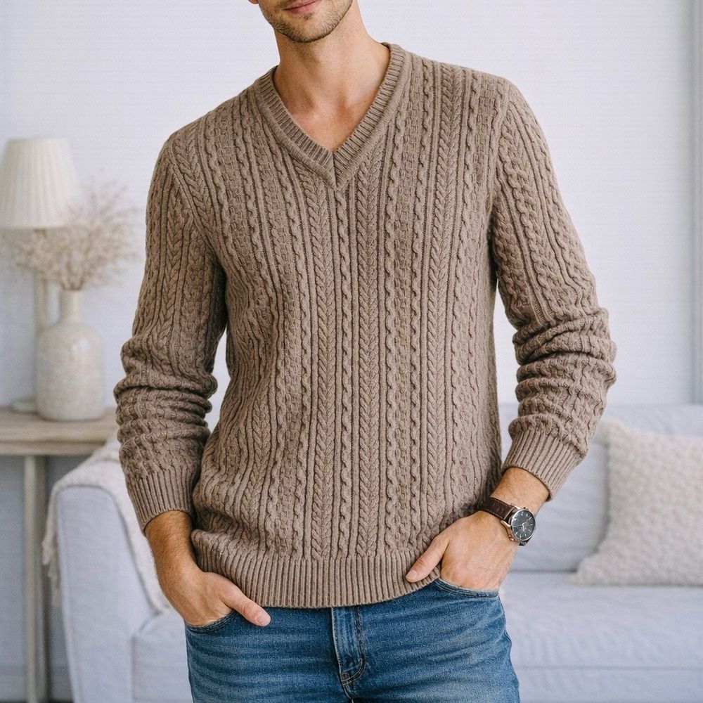 Amber Men’s Cocoa Brown Cable Knit Wool Sweater V-Neck Long Sleeve Classic